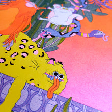 Charger l&#39;image dans la galerie, Alice Monvaillier nous transporte dans son univers colloré, flashy fluo, habité de bêtes étranges, bizarres - une jungle très cool ! Affiche imprimée en risographie, numérotée et signée. COLLOQUE est un concept-store proposant musique, illustration et artisanat. Vous y trouverez de nombreuses idées cadeaux !

