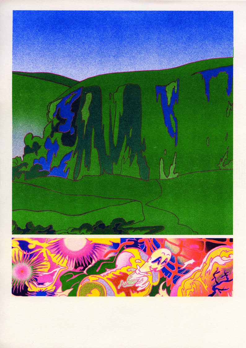 louis lanne affiche falaises vertes dyptique poster illustration risographie